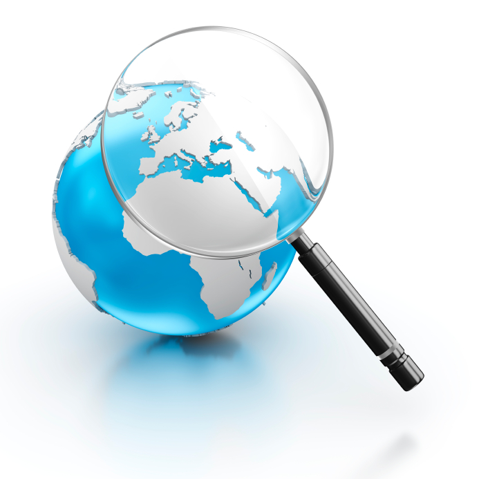 A blue globe with a magnifying glass representing our GIS course search function
