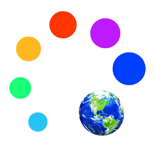 Colourful logo for GIS Essentials; 6 rainbow coloured balls and an Earth, arranged in a circle