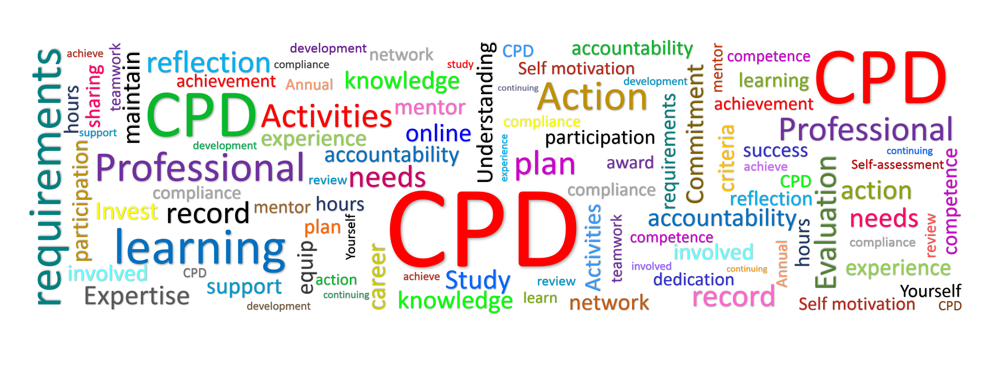 word cloud of words related to continuous professional development, including knowledge, evaulation, action and self-motivation